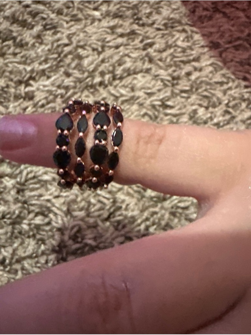 Rose Gold Band Ring with Black Stones - Women Jewelry